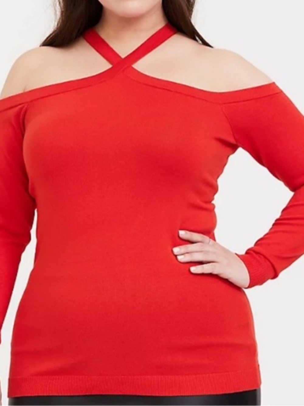 torrid Red Cold-Shoulder Cross-Strap Sweater